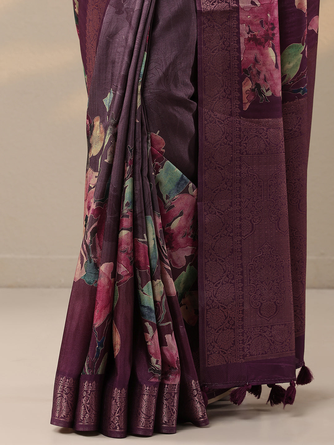 Burgundy Printed Silk Blend Sarees With Unstitched Blouse Piece