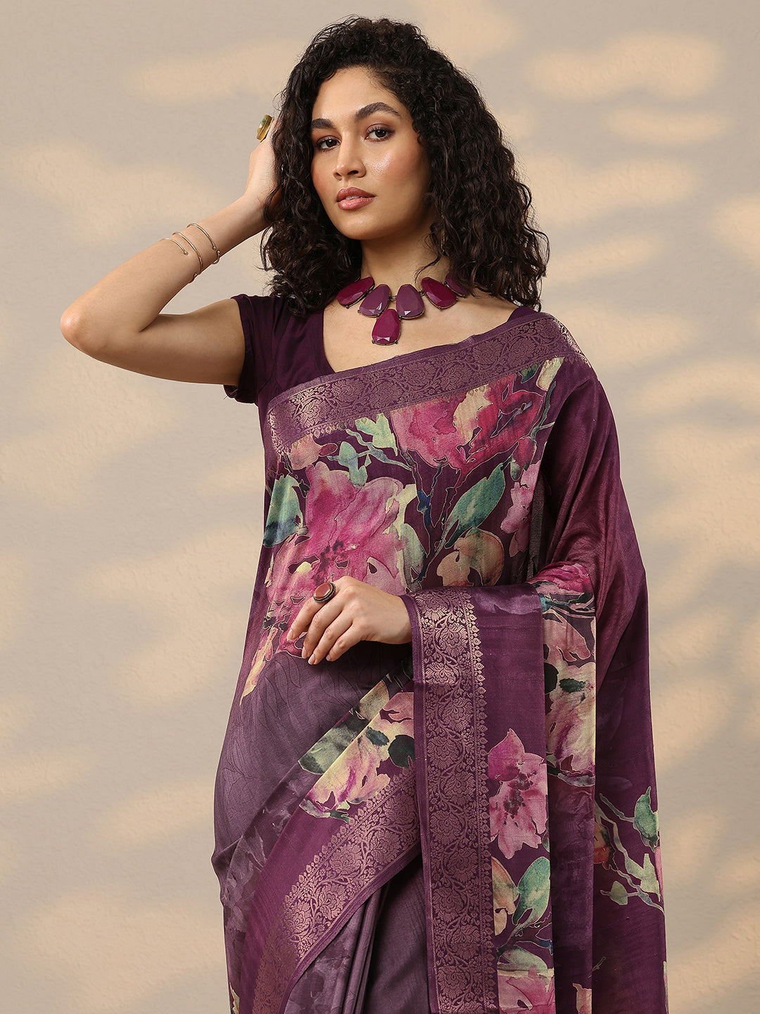 Burgundy Printed Silk Blend Sarees With Unstitched Blouse Piece