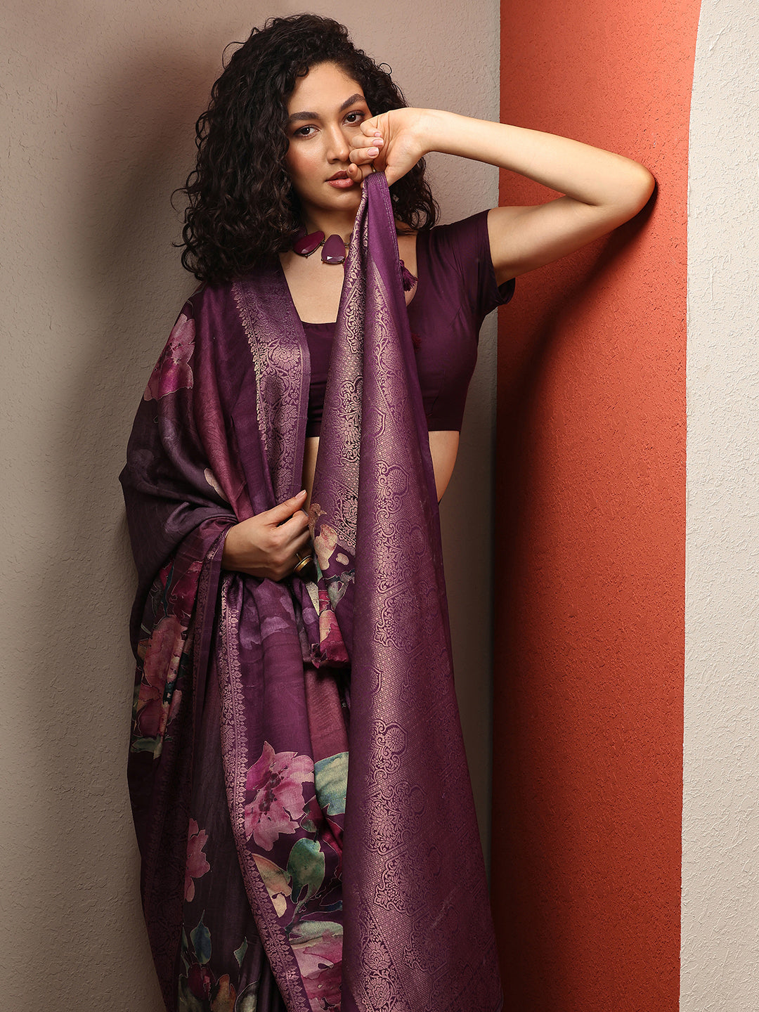Burgundy Printed Silk Blend Sarees With Unstitched Blouse Piece