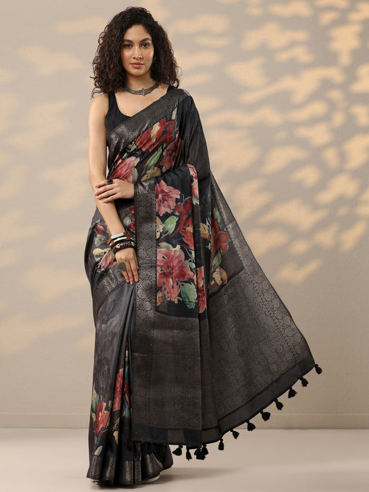 Black Printed Silk Blend Sarees With Unstitched Blouse Piece