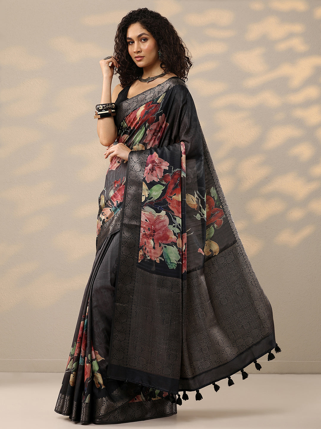 Black Printed Silk Blend Sarees With Unstitched Blouse Piece