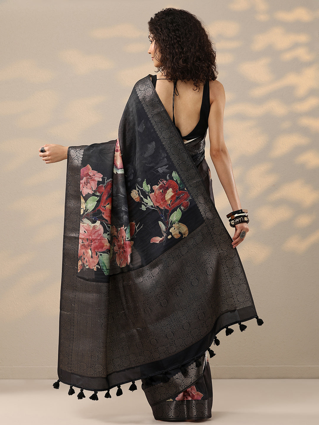 Black Printed Silk Blend Sarees With Unstitched Blouse Piece