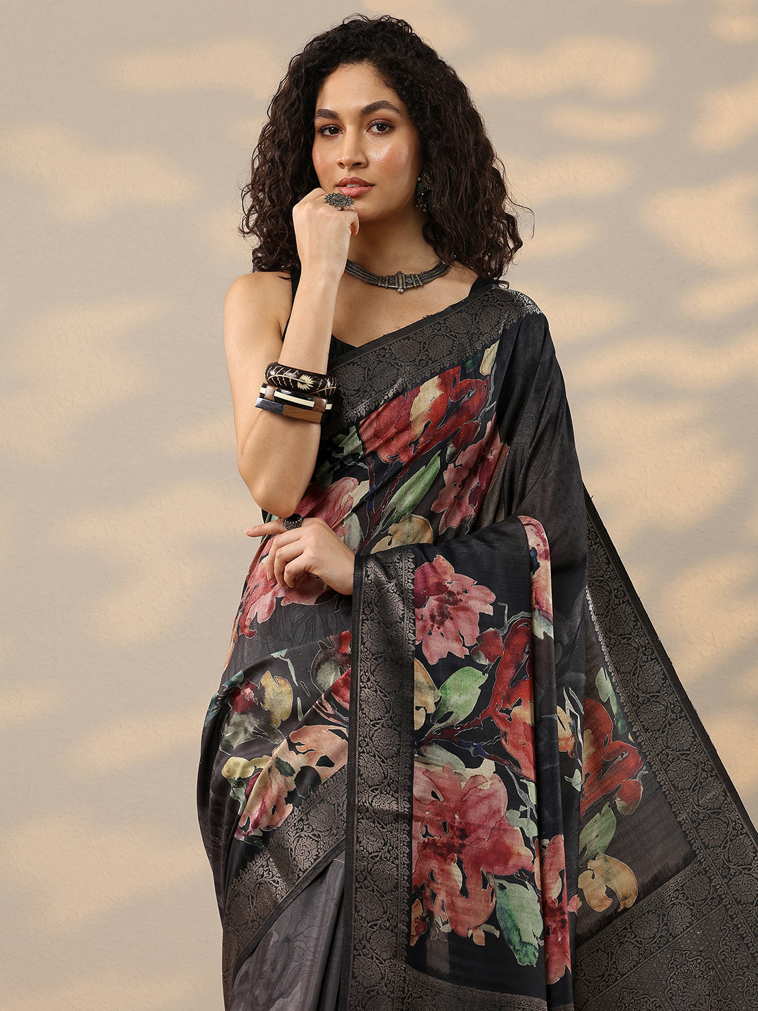 Black Printed Silk Blend Sarees With Unstitched Blouse Piece