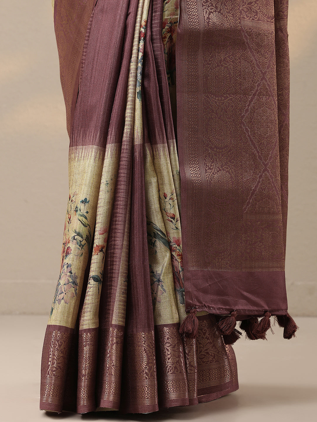 Beige Printed Silk Blend Sarees With Unstitched Blouse Piece