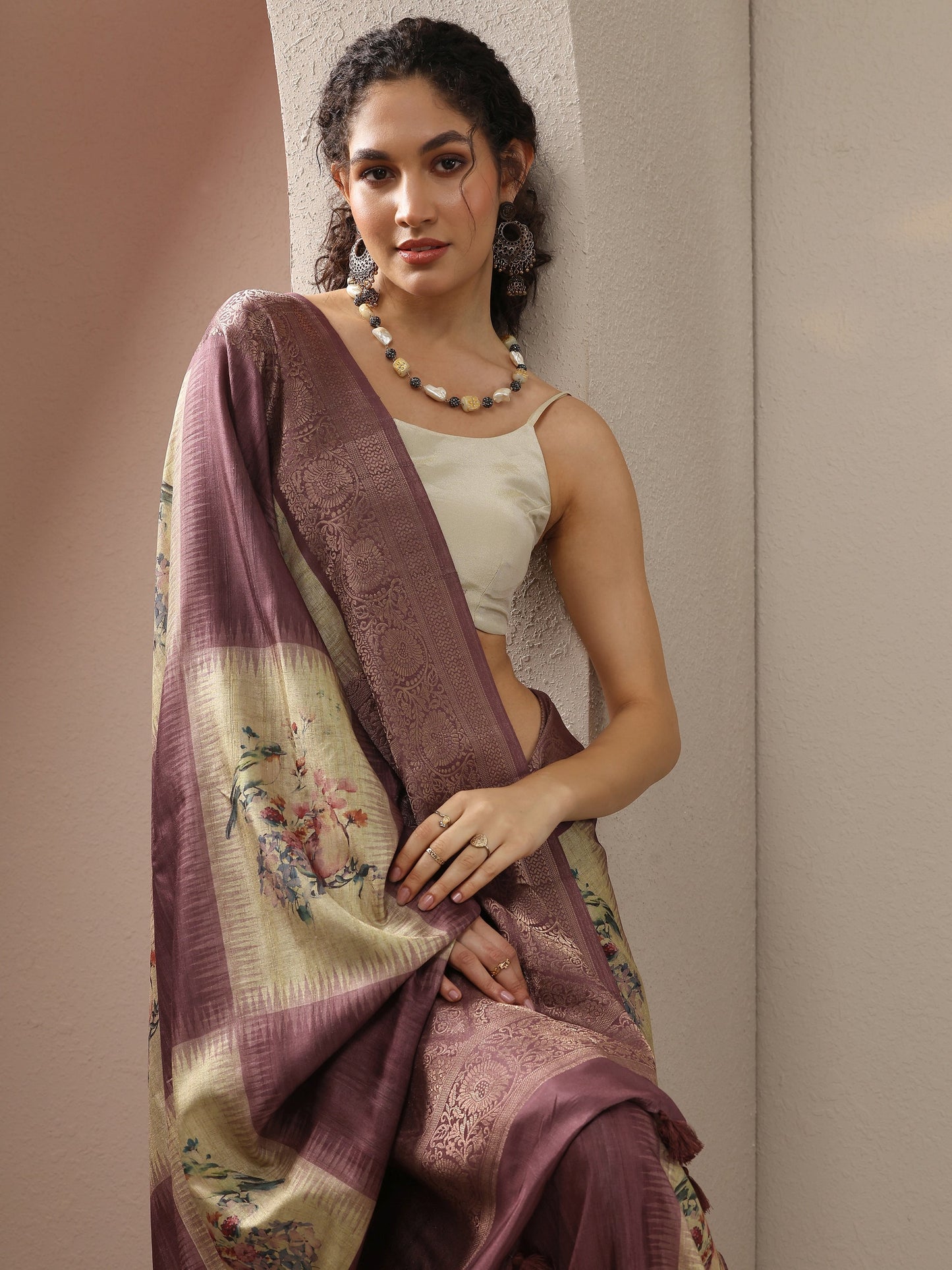 Beige Printed Silk Blend Sarees With Unstitched Blouse Piece