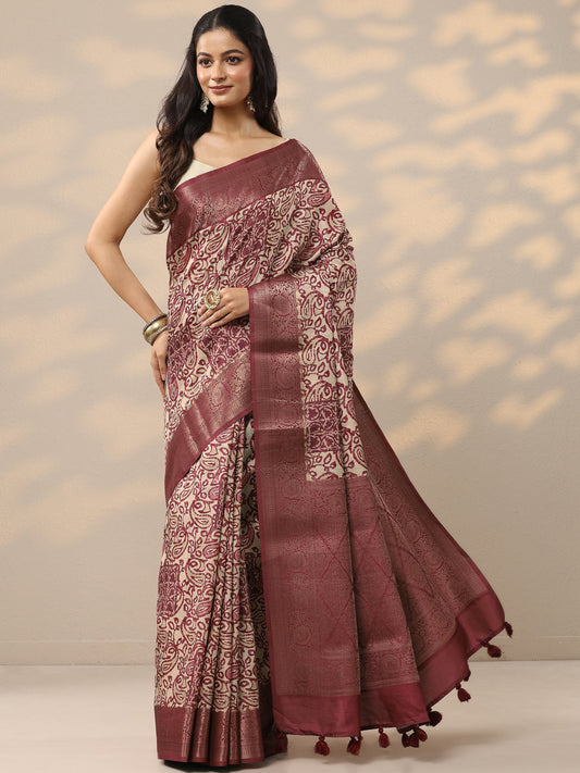 Brown Printed Silk Blend Saree With Unstitched Blouse Piece