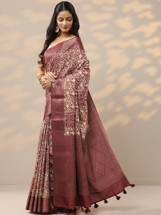 Brown Printed Silk Blend Saree With Unstitched Blouse Piece