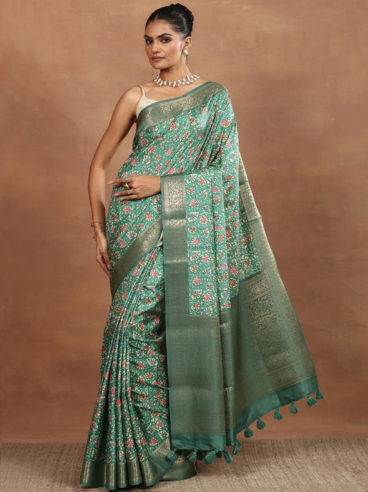 Green Printed Silk Blend Sarees With Unstitched Blouse Piece