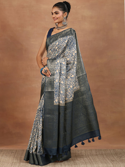 Blue Printed Silk Blend Sarees With Unstitched Blouse Piece