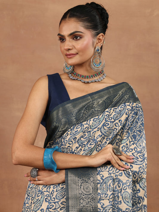 Blue Printed Silk Blend Sarees With Unstitched Blouse Piece