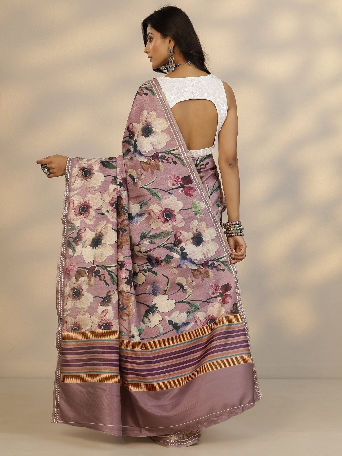 Mauve Printed Silk Blend Saree With Unstitched Blouse Piece