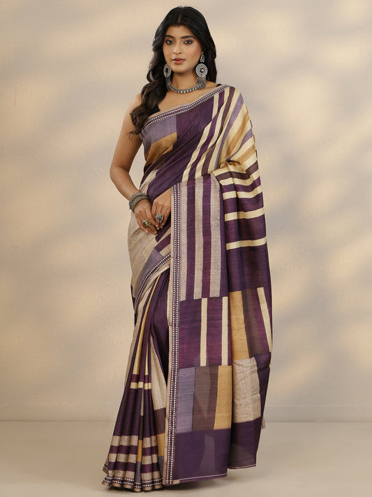 Purple Printed Silk Blend Saree With Unstitched Blouse Piece