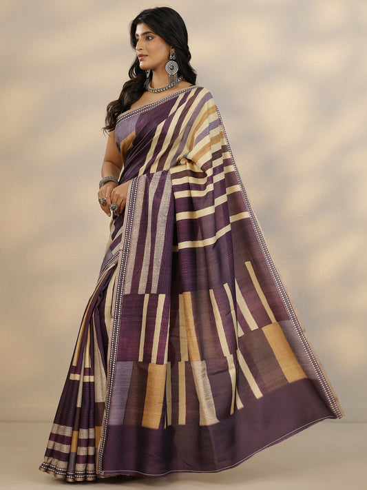 Purple Printed Silk Blend Saree With Unstitched Blouse Piece