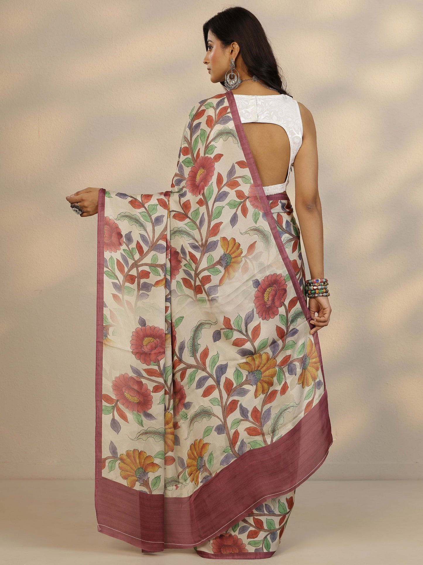 Beige Printed Satin Saree With Unstitched Blouse Piece