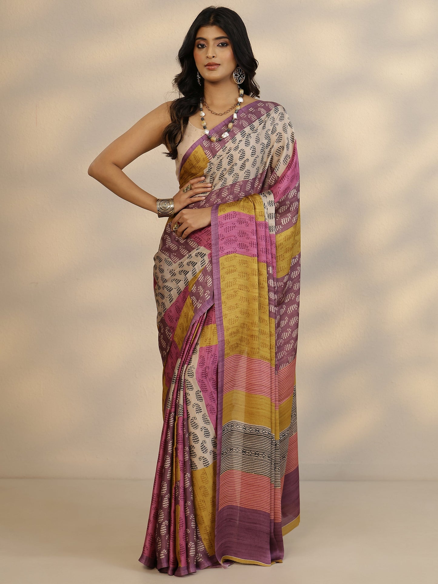 Multi Printed Satin Saree With Unstitched Blouse Piece