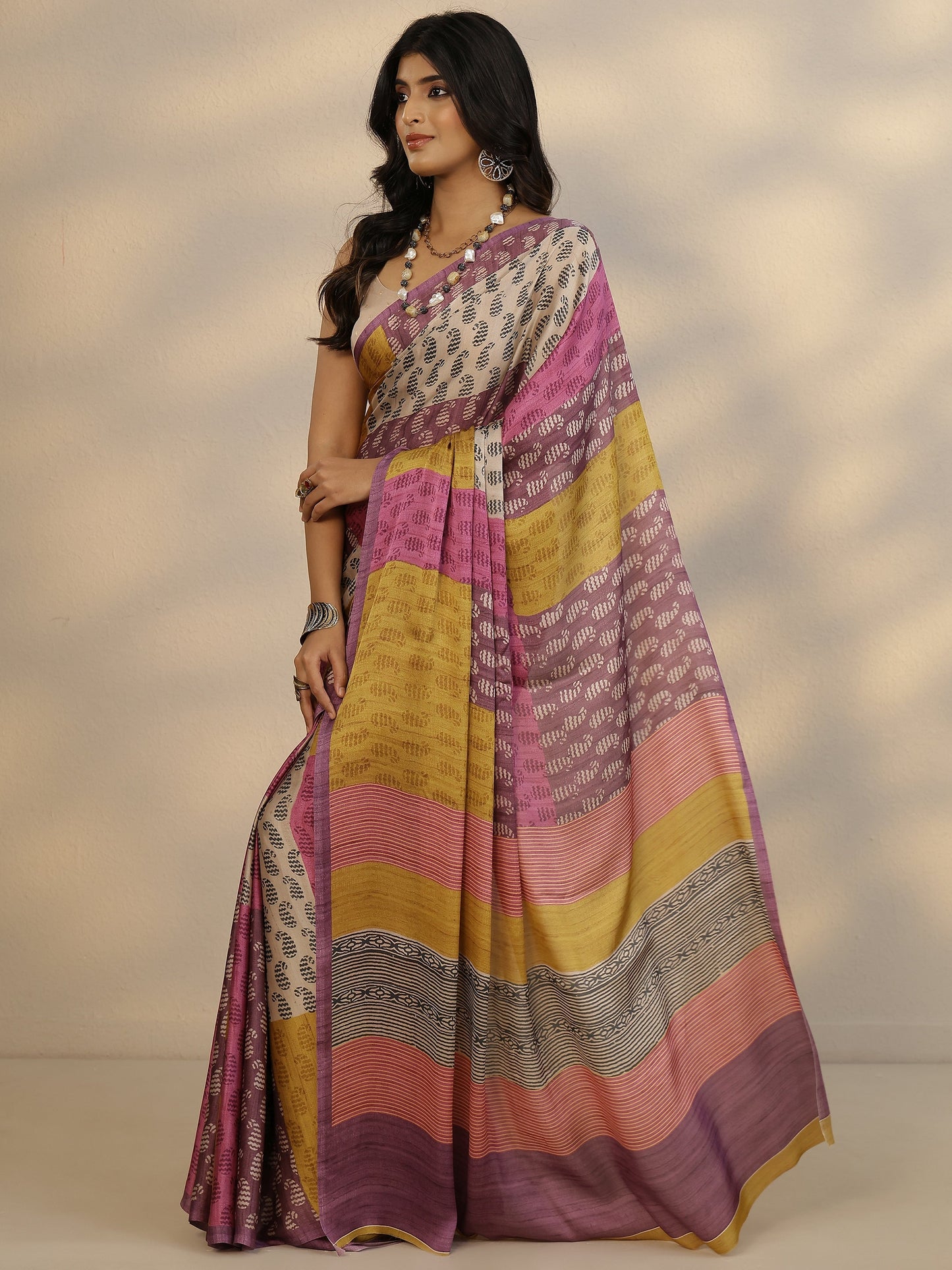 Multi Printed Satin Saree With Unstitched Blouse Piece