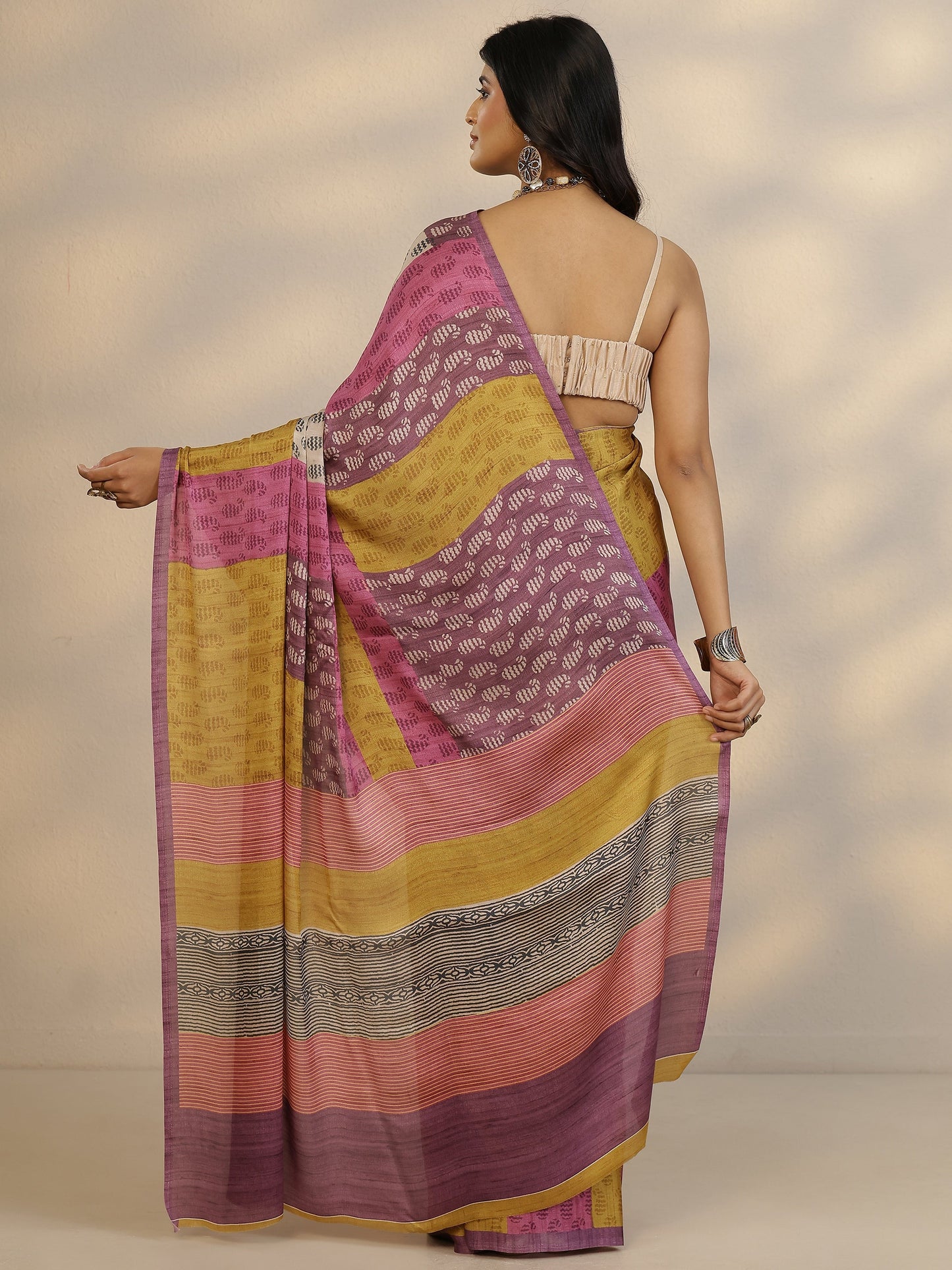 Multi Printed Satin Saree With Unstitched Blouse Piece