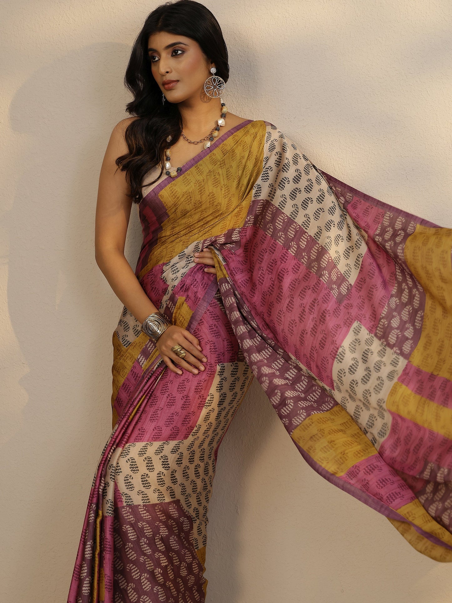 Multi Printed Satin Saree With Unstitched Blouse Piece
