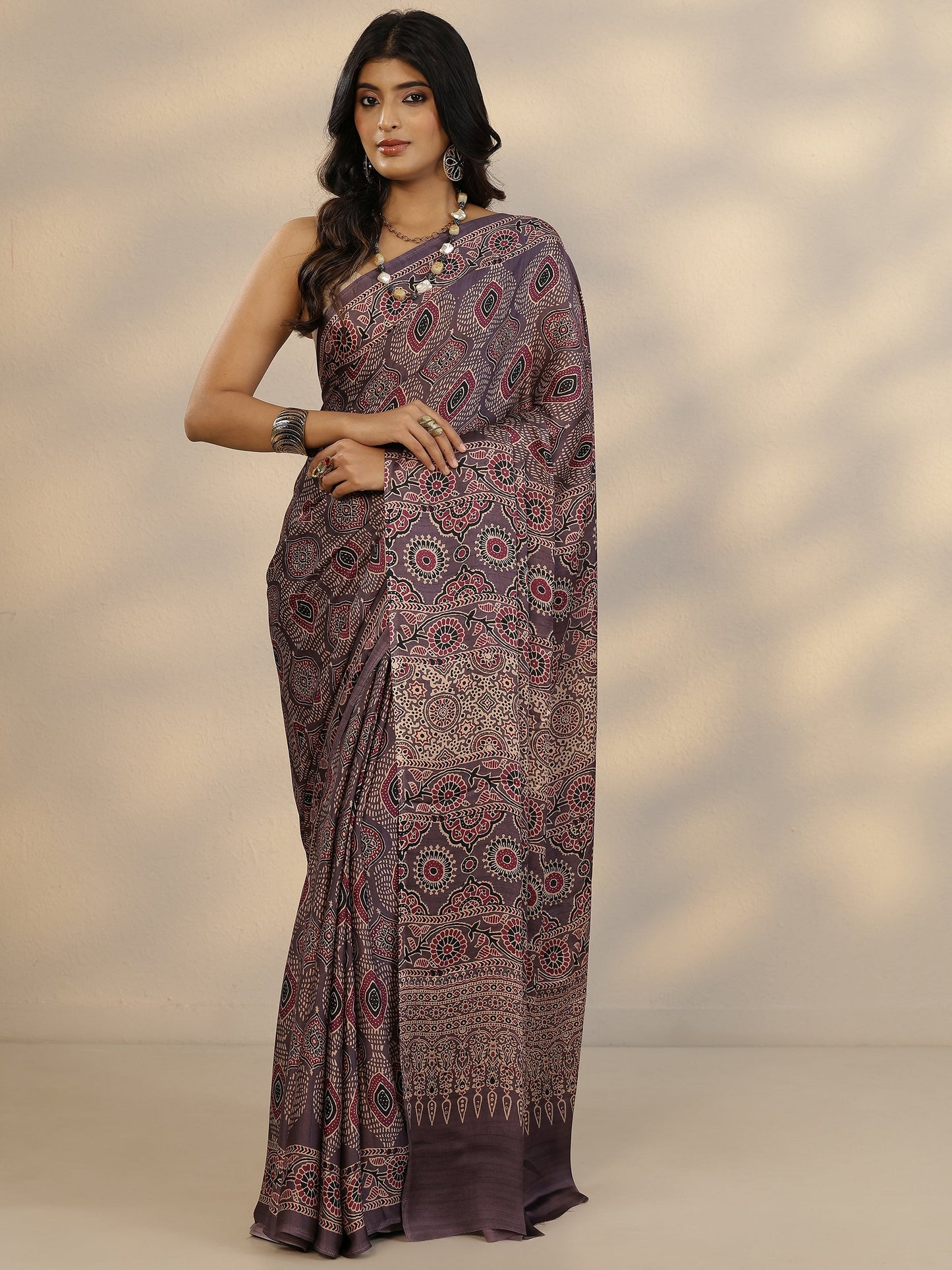 Purple Printed Satin Saree With Unstitched Blouse Piece