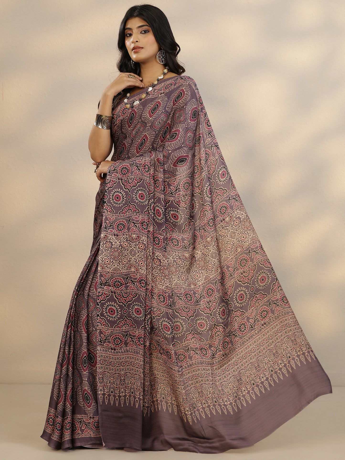 Purple Printed Satin Saree With Unstitched Blouse Piece