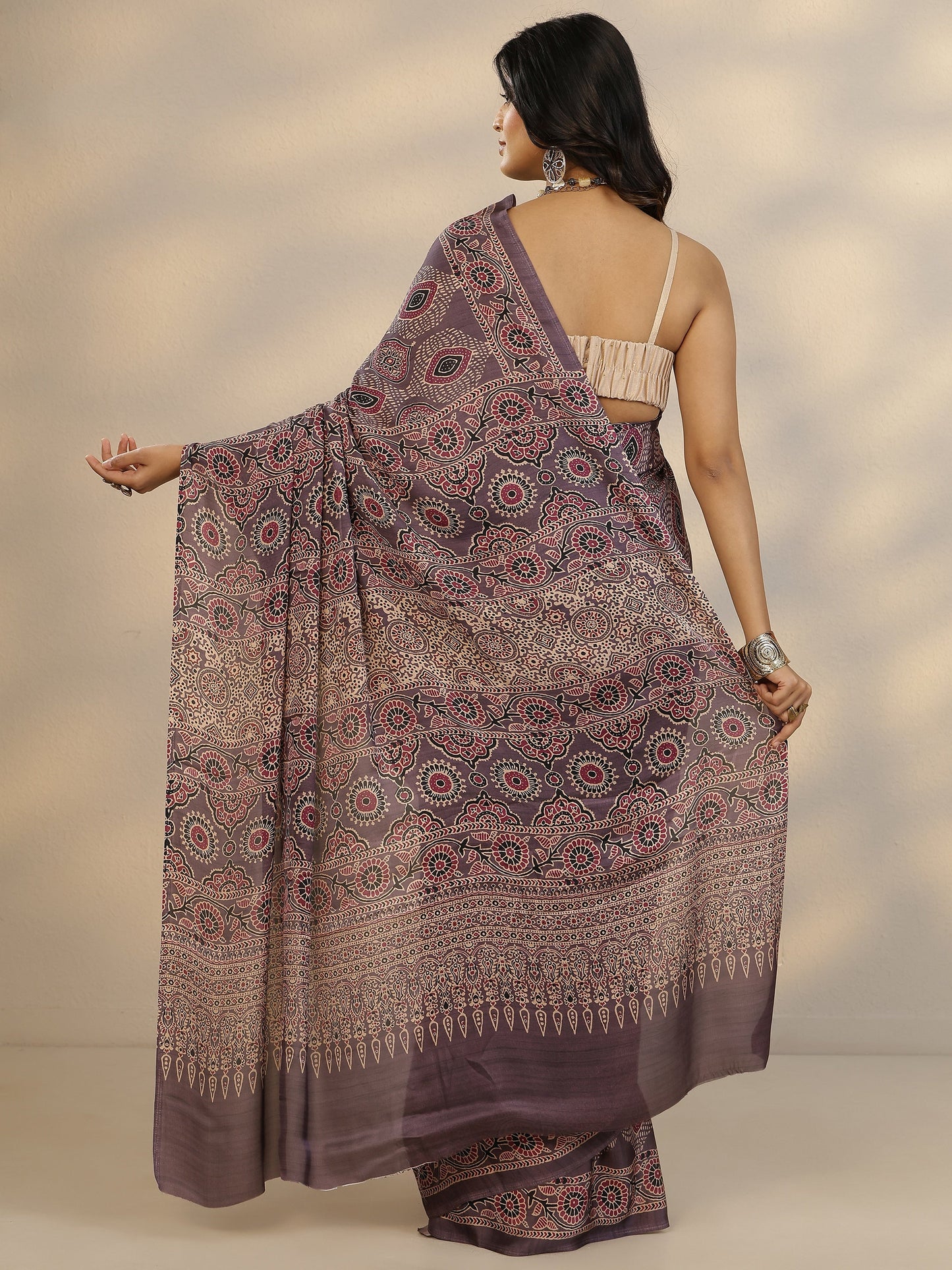 Purple Printed Satin Saree With Unstitched Blouse Piece