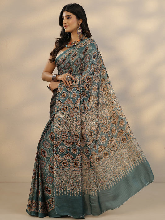 Green Printed Satin Saree With Unstitched Blouse Piece