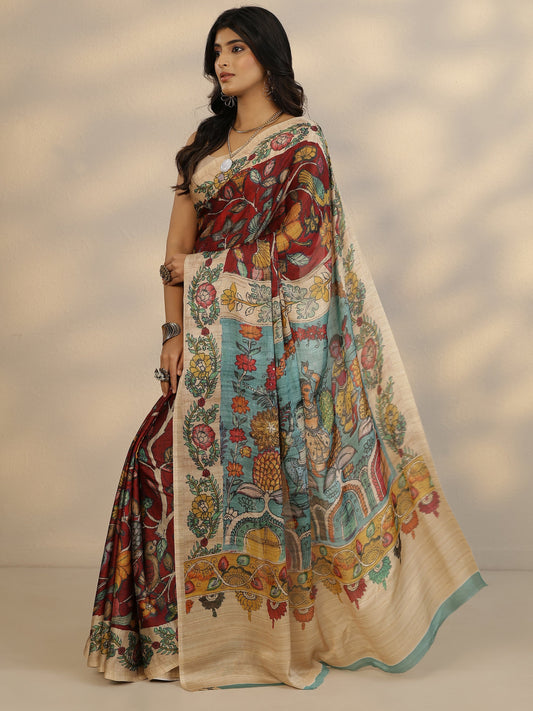 Red Printed Satin Saree With Unstitched Blouse Piece