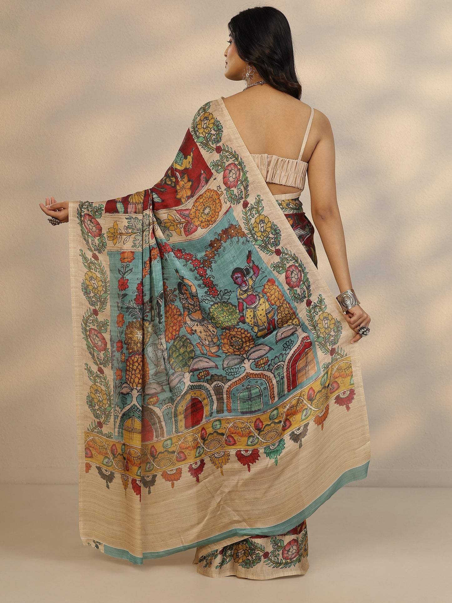 Red Printed Satin Saree With Unstitched Blouse Piece