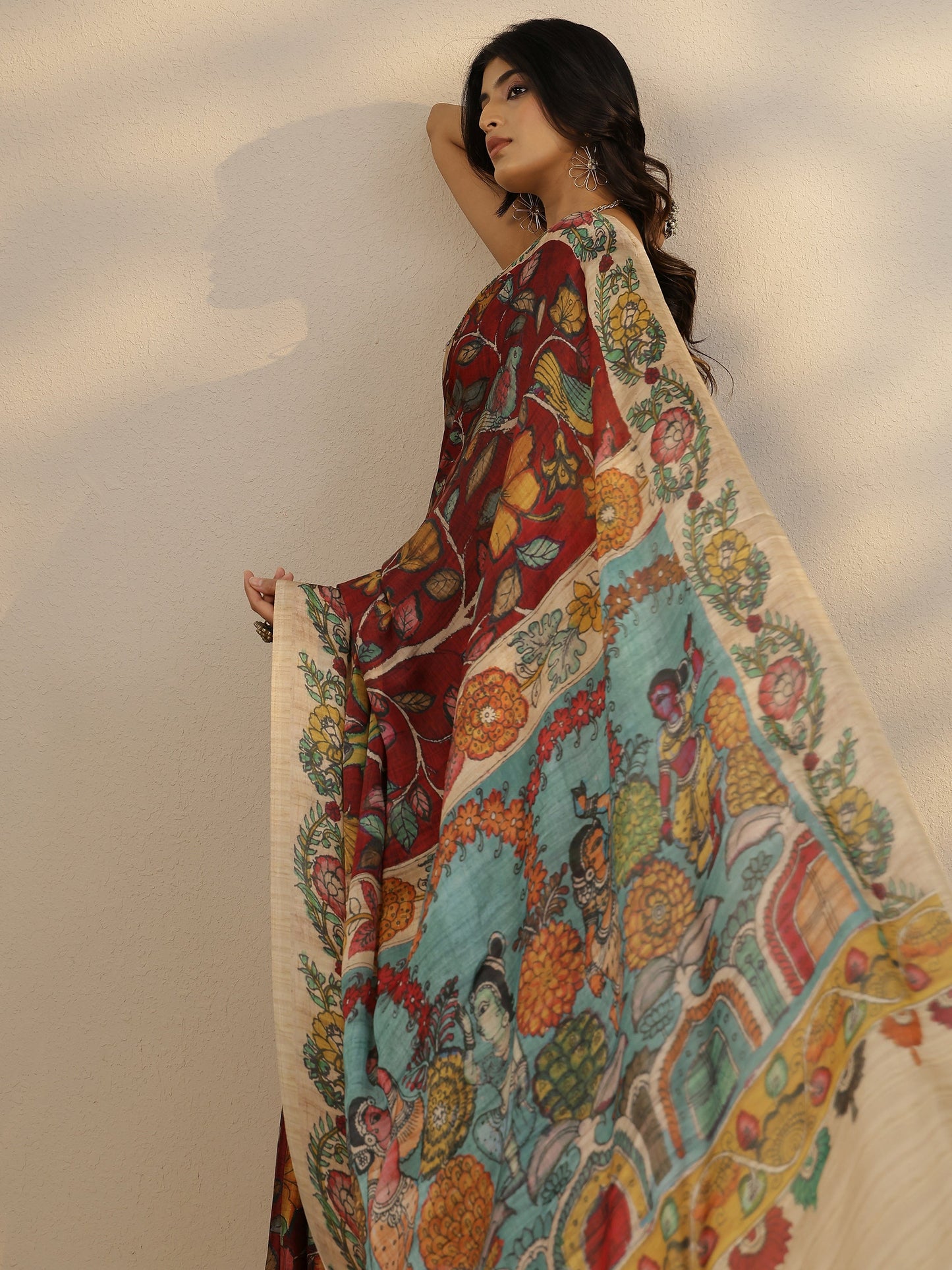 Red Printed Satin Saree With Unstitched Blouse Piece