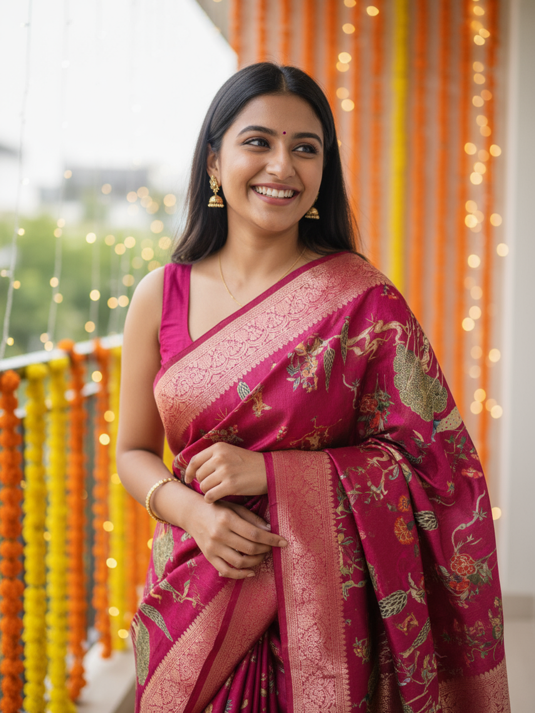 Maroon Printed Silk Blend Saree With Unstitched Blouse Piece