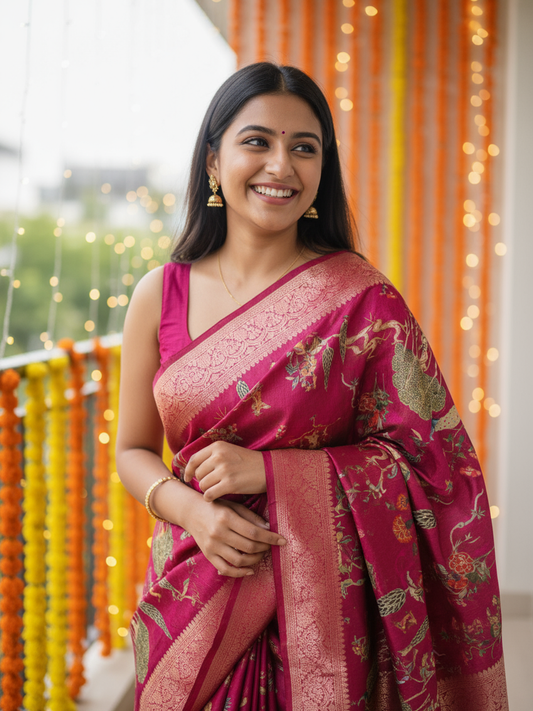 Maroon Printed Silk Blend Saree With Unstitched Blouse Piece