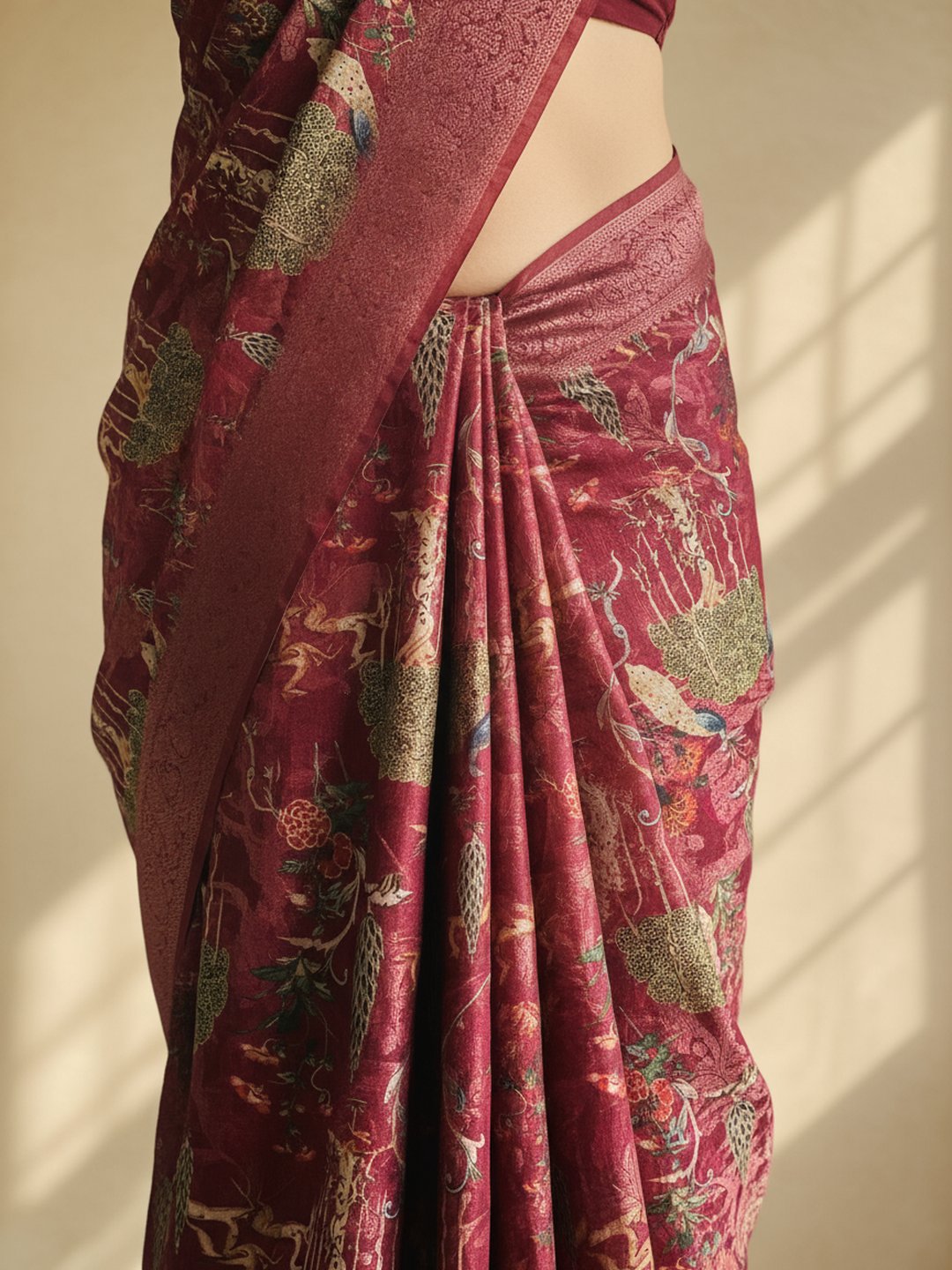 Maroon Printed Silk Blend Saree With Unstitched Blouse Piece