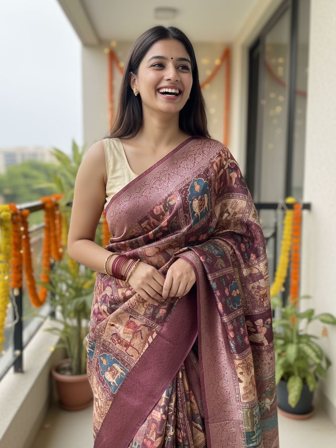 Burgundy Printed Silk Blend Saree With Unstitched Blouse Piece