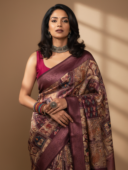 Burgundy Printed Silk Blend Saree With Unstitched Blouse Piece