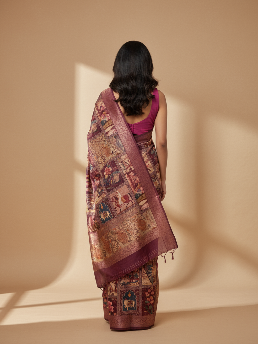 Burgundy Printed Silk Blend Saree With Unstitched Blouse Piece