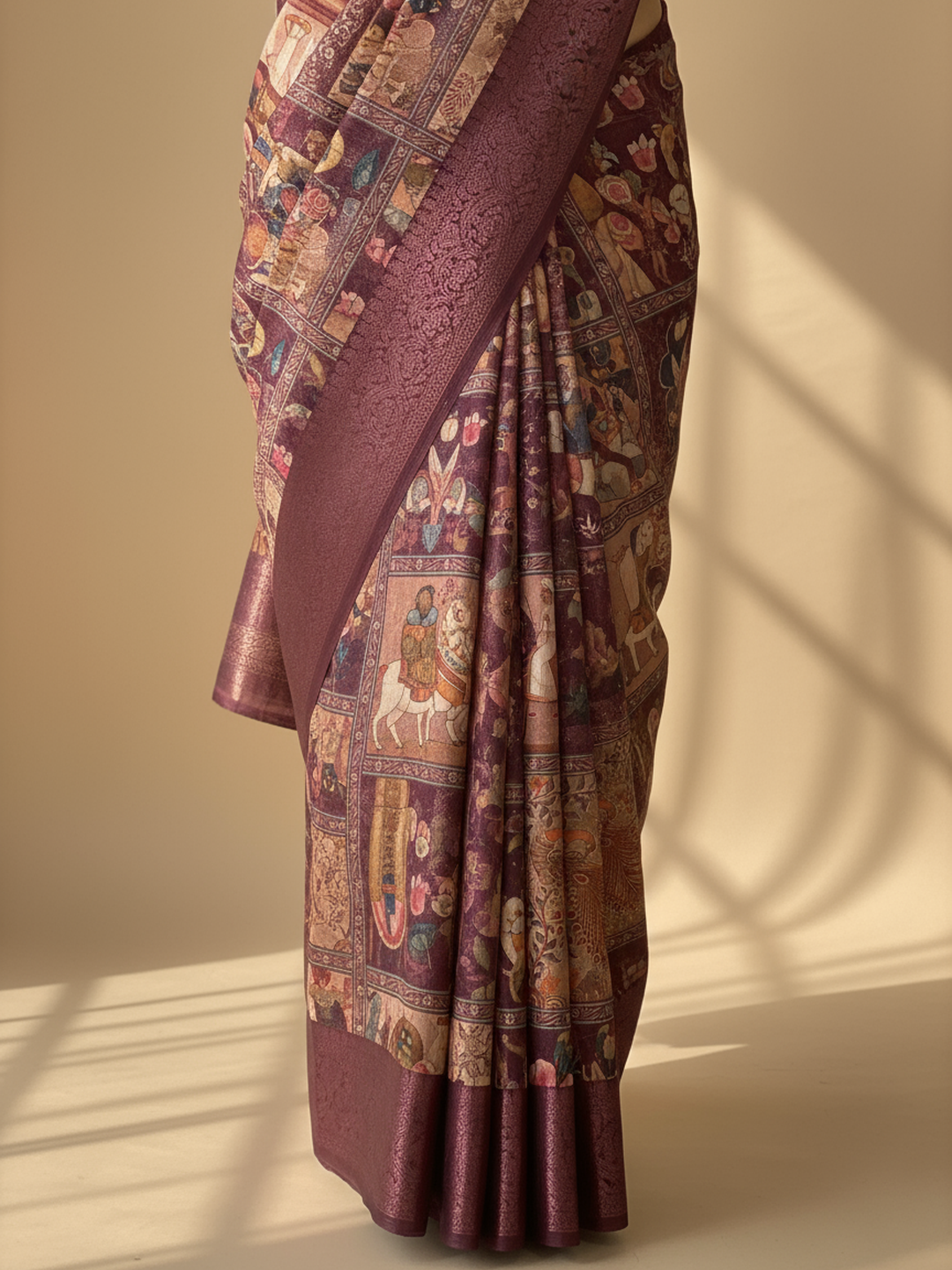 Burgundy Printed Silk Blend Saree With Unstitched Blouse Piece
