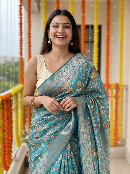 Blue Printed Silk Blend Saree With Unstitched Blouse Piece