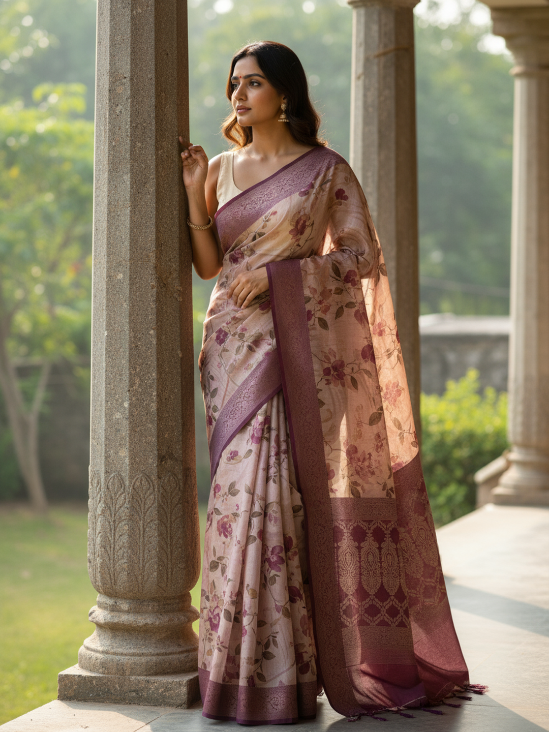 Pink Printed Silk Blend Saree With Unstitched Blouse Piece