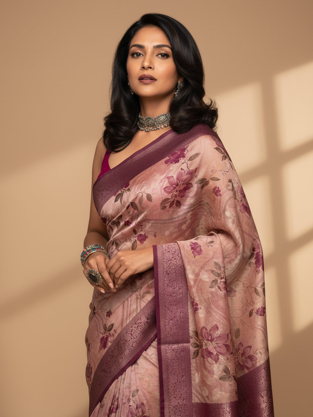Pink Printed Silk Blend Saree With Unstitched Blouse Piece