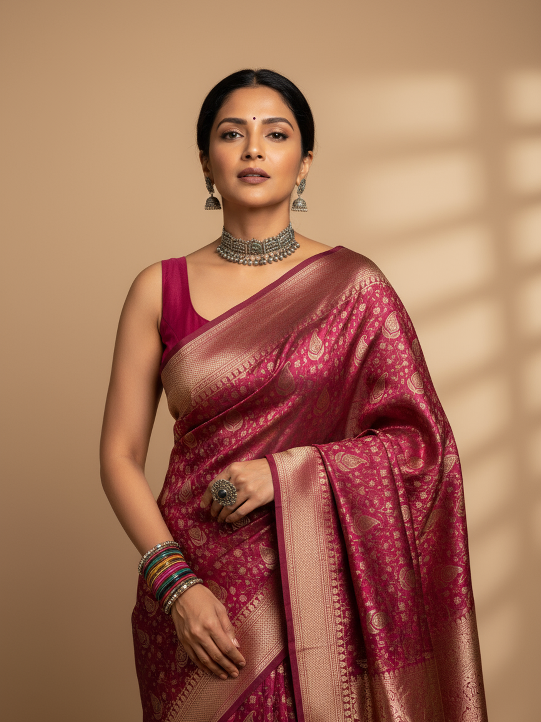 Maroon Printed Silk Blend Saree With Unstitched Blouse Piece
