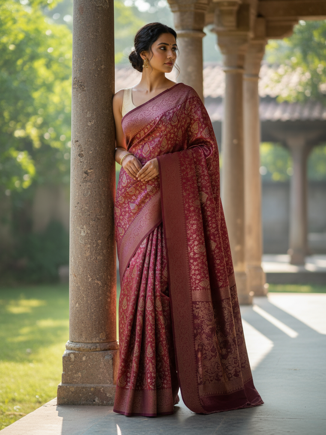 Maroon Printed Silk Blend Saree With Unstitched Blouse Piece