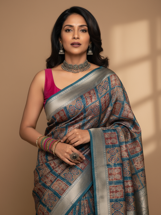 Blue Printed Silk Blend Saree With Unstitched Blouse Piece