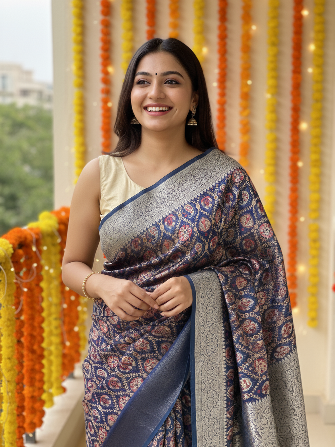 Blue Printed Silk Blend Saree With Unstitched Blouse Piece