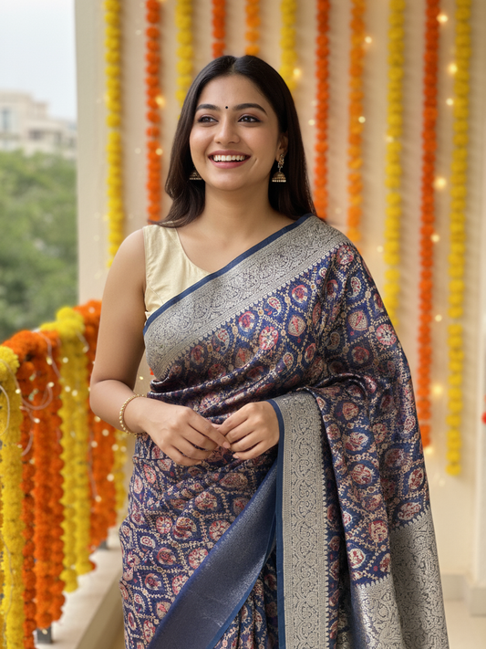 Blue Printed Silk Blend Saree With Unstitched Blouse Piece