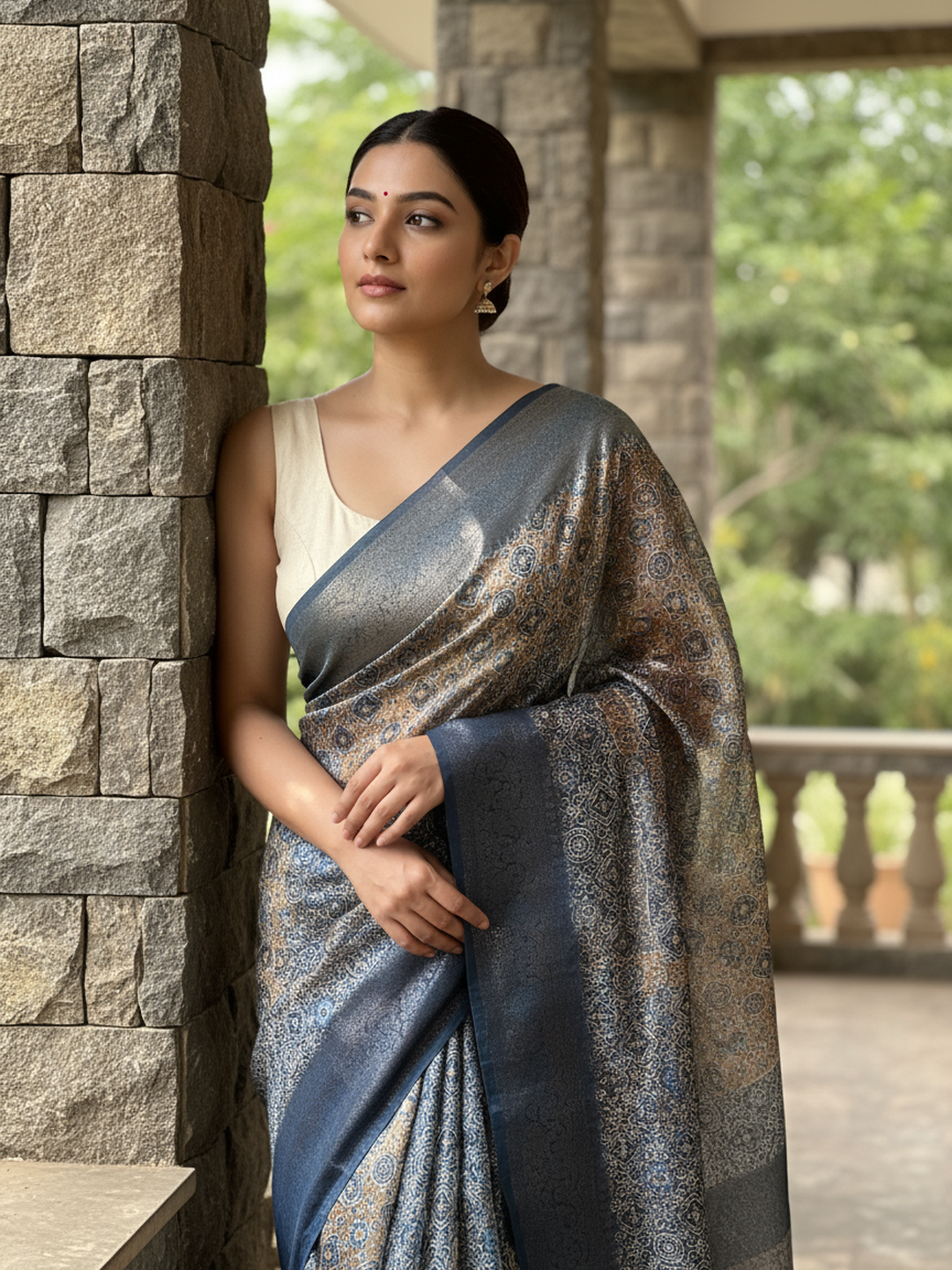 Blue Printed Silk Blend Saree With Unstitched Blouse Piece
