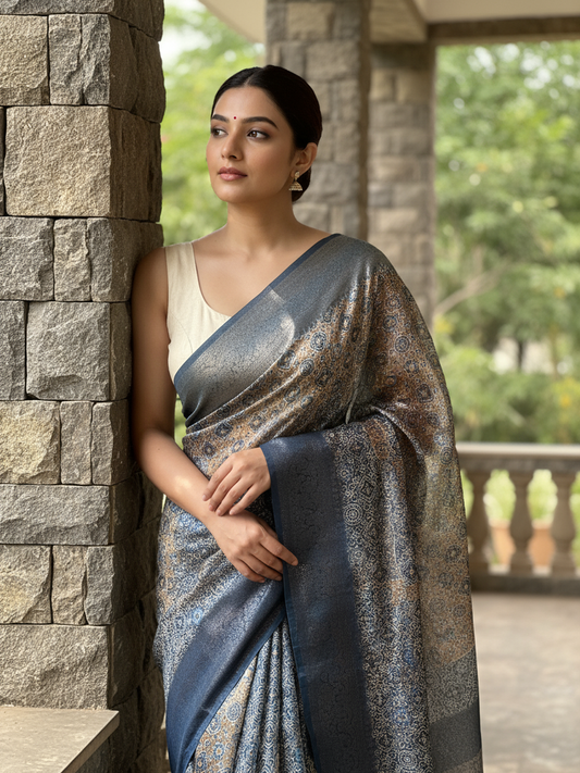 Blue Printed Silk Blend Saree With Unstitched Blouse Piece