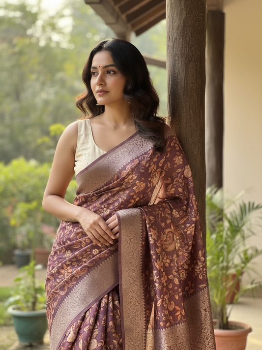 Purple Printed Silk Blend Saree With Unstitched Blouse Piece