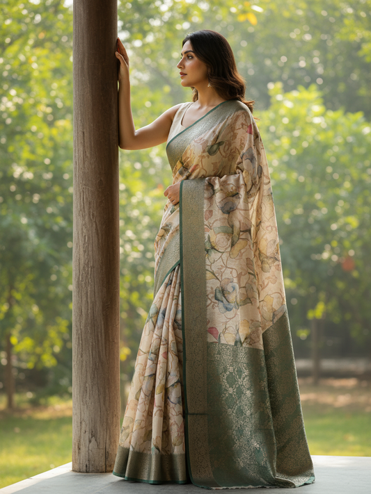 Beige Printed Silk Blend Saree With Unstitched Blouse Piece