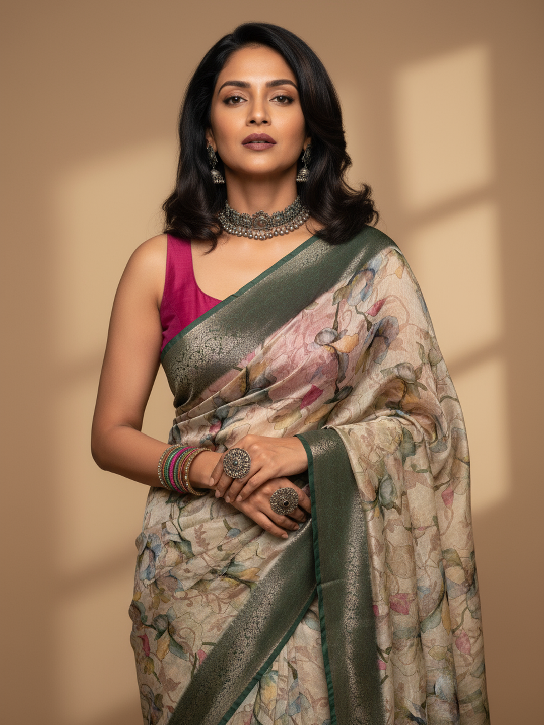 Beige Printed Silk Blend Saree With Unstitched Blouse Piece