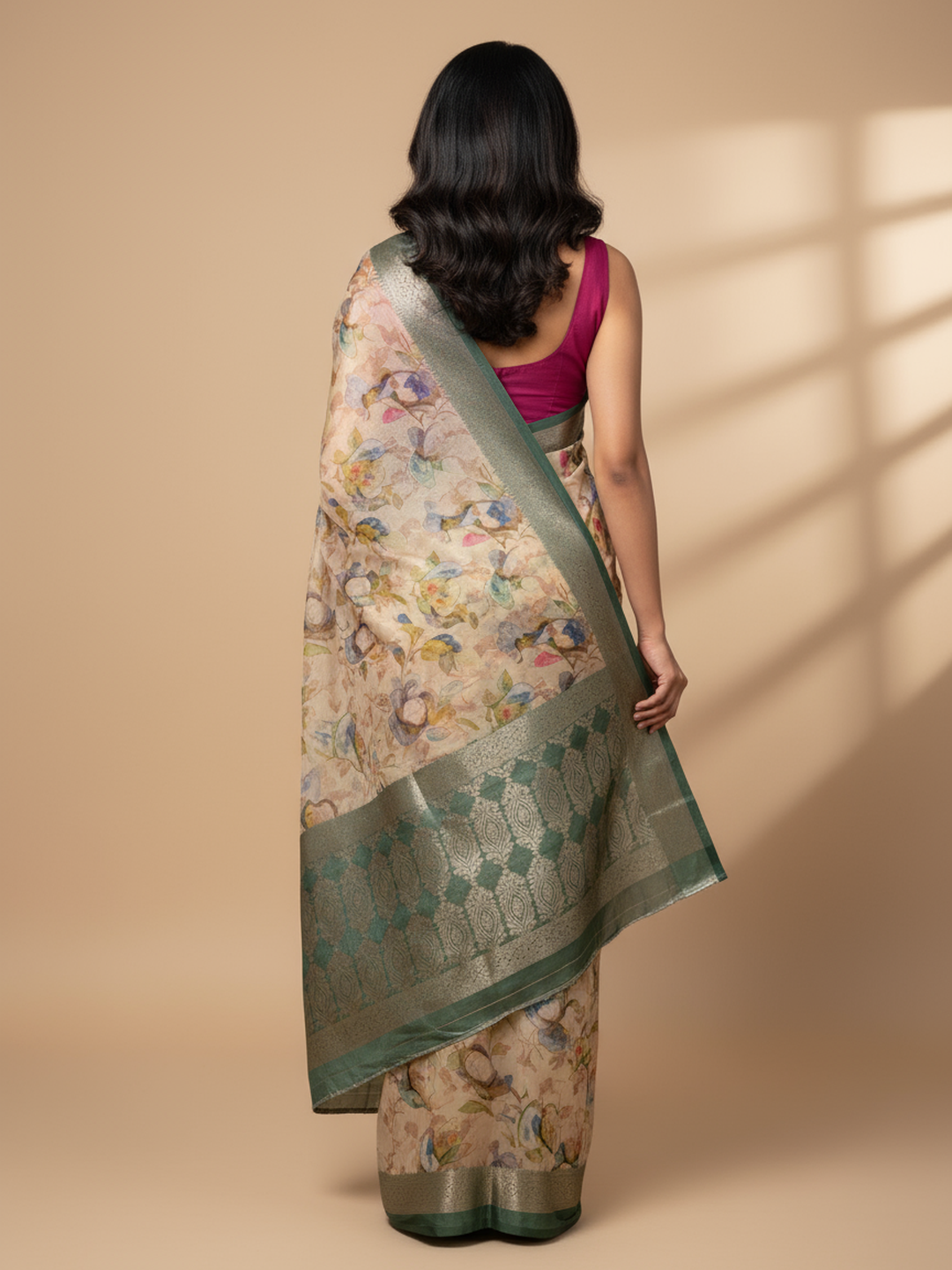 Beige Printed Silk Blend Saree With Unstitched Blouse Piece
